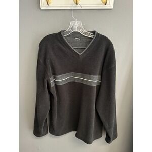 Vintage GAP Sweater Mens L/XL Gray Stripe Fleece Pullover V Neck Sweatshirt Y2K